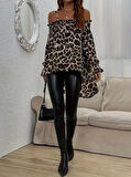Kadın Ip Askılı Omuzlardan Açık Leopar Desenli Asimetrik Kesim Süprem Bluz