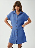 Kadın Cep Detay Müslin Kumaş Mini Gömlek Elbise