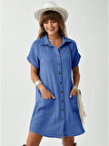 Kadın Cep Detay Müslin Kumaş Mini Gömlek Elbise