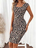 Kadın Kısa Kollu Kare Yakalı Leopar Desenli Dalgıç Elbise
