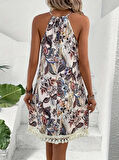 Kadın Halter Yaka Eteği Püsküllü Boyundan Bağlamalı çiçek Desen Süprem Elbise