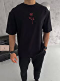 Unisex Bisiklet Yaka Baskılı Oversize T-Shirt - Siyah