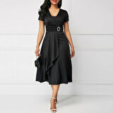 Kadın Kısa Kollu Kruvaze Yaka Kuşak Ve Toka Detay Krep Elbise