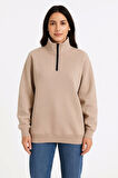 Üç İplik Dık Yaka Yarım Fermuarlı SweatShirt - Bej