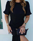 Kadın Kısa Kollu Bisiklet Yakalı Yandan Yırtmaçlı Büzgülü Janjan Krep Elbise