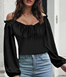 Kadın Uzun Kollu Kare Yaka Göğüs Büzgü Detay Sandy Bluz