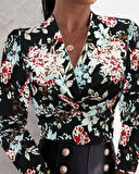 Kadın Uzun Kollu Kruvaze Yakalı Kelebek Desenli şardonlu Dalgıç Bluz