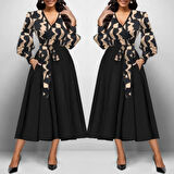 Kadın Uzun Kollu Kruvaze Yaka Dalgıç Krep Midi Boy Elbise