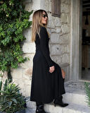 Kadın Uzun Kollu önden Fermuarlı Maxi Viskon Iki Iplik Elbise