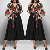 Kadın Uzun Kollu Kruvaze Yaka Dalgıç Krep Midi Boy Elbise