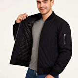 Erkek Içi Astarlı Fermuarlı Bomber Mont Ceket - Siyah