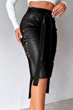 Kadın Yüksek Bel Kuşaklı Yanlardan Düğmeli Mini Deri Etek