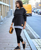 Kadın Siyah Kapşonlu Etek Ucu Detay Arma Ters Dikiş Gorunumlu Ikili Takım