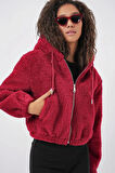 5193 Kapüşonlu Peluş Crop Ceket - Bordo