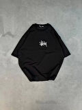 Unisex Bisiklet Yaka Baskılı Oversize T-Shirt - Siyah