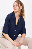 Lacivert Çift Düğmeli Oversize Crop Keten Ceket 0706