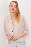 Krem Çift Düğmeli Oversize Crop Keten Ceket 0706