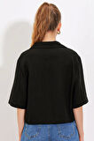 Siyah Çift Düğmeli Oversize Crop Keten Ceket 0706