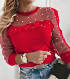 Kadın Uzun Kollu Inci Detaylı Tüllü Viskon Bluz