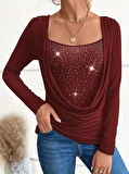 Kadın Uzun Kollu Derin Degaje Yakalı Taşlı Sandy Bluz