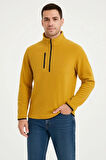 Erkek Polar Kazak – Dik Yaka, Yarım Fermuarlı, Fermuarlı Göğüs Cepli, Siyah Biyeli, Kışlık Rahat Regular Fit Günlük Model - Sarı
