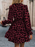 Kadın Uzun Kollu Yakadan Bağcıklı Modal Leopar Desenli Mini Elbise