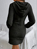 Kadın Uzun Kollu Kapşonlu Cepli Mini Peluş Elbise