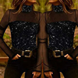 Kadın Siyah Uzun Kollu Kolları Ve Dekolte Tül Ve Payet Detay Balıkçı Yaka Bluz