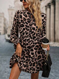 Kadın Uzun Kollu Yakadan Bağcıklı Modal Leopar Desenli Mini Elbise