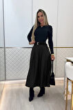 Kadın Yüksek Belli Maxi Deri Kemersiz Etek