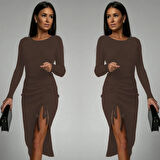 Kadın Uzun Kollu Yandan Büzgülü Yırtmaç Detay Kaşkorse Midi Boy Elbise