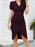 Kadın Kısa Kollu V Yakalı önden Fırfırlı Ithal Krep Elbise
