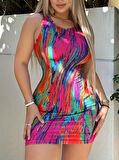 Kadın Kalın Askılı çok Renkli Dalgıç Mini Elbise