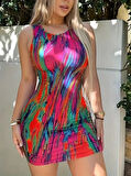 Kadın Kalın Askılı çok Renkli Dalgıç Mini Elbise