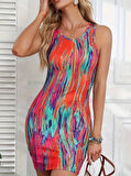 Kadın Kalın Askılı çok Renkli Dalgıç Mini Elbise