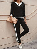 Kadın Uzun Kollu V Yakalı Ribanalı Viskon Iki Iplik Bluz Ve Pantolon Ikili Takım
