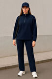 Kadın Balıkçı Yaka Fermuar Detay Polar Sweat Ve Pantolon Ikili Takım