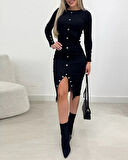 Kadın Uzun Kollu Yırtmaçlı Düğme Detaylı Midi Kaşkorse Elbise