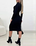 Kadın Uzun Kollu Yırtmaçlı Düğme Detaylı Midi Kaşkorse Elbise