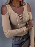 Kadın Omuzlardan Açık Uzun Kollu Bağcıklı Kaşkorse Bluz