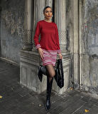 Kadın Uzun Kollu Bisiklet Yaka Kol Ağzı Ve Etek Ucu Baskılı Iki Iplik Elbise