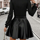 Kadın Uzun Kollu Kare Yaka üst Viskon Alt Deri Mini Elbise