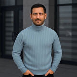 Erkek Balıkcı Yaka Bağazlı Triko Kazak Pamuklu Kalın Fitilli Dokuma, Regular Fit Uzun Kollu Kışlık Model - Bebe Mavisi