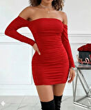 Kadın Uzun Kollu Omuzlardan Açık Takma Kollu Büzgülü Sandy Kısa Elbise