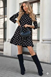 Kadın Uzun Kollu Bisiklet Yaka Fırfırlı Puantiyeli Kısa Modal Elbise