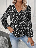Kadın Uzun Kollu V Yakalı çiçek Desenli Modal Bluz