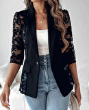 Kadın Uzun Kollu Truvakar Kol önden Düğmeli Cepli Dantelli Atlas Ceket