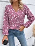 Kadın Uzun Kollu V Yakalı çiçek Desenli Modal Bluz