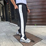 Erkek Üç İplik Kışlık Pamuklu Yandan Garneli Kalın Şeritli Cepli Eşofman Altı - Siyah