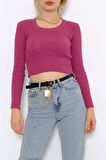Time Style Bisiklet Yaka Crop Triko Fuşya - 971.1319.